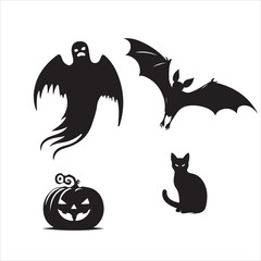 Halloween vector, and Jack-o'-lantern, Ghost, Bat, Black Cat, Spider Web, Witch Hat, Moon and Stars, Skeleton, Vampire, Zombie, Halloween tree