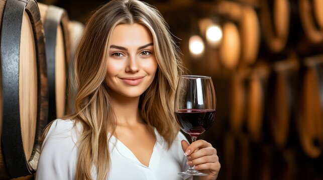 Woman enjoying wine in cellar, elegant lady holding glass of red wine, wooden barrels background, winemaking concept