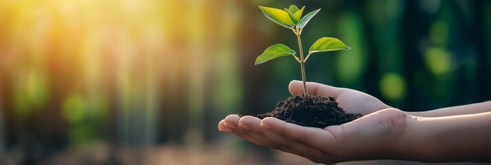 Hands tenderly cradle a small plant under bright sunlight, symbolizing growth, hope, and connection with the earth.