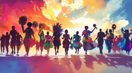 Vibrant silhouette of a cultural dance parade against a colorful sunset sky, highlighting joyful celebration and diversity.