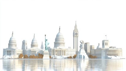 Conceptual cityscape with famous international landmarks, blending iconic structures from around the world in a serene, reflective scene.