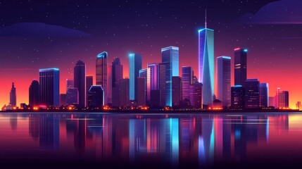 Futuristic Neon City Skyline Reflection on Water at Sunset
