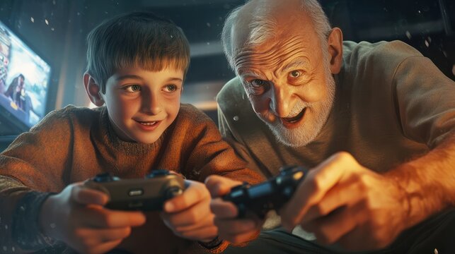 Three generations: grandfather, father and son having fun playing video game. Family fun concept