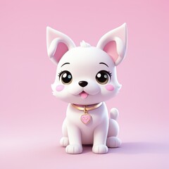 A cute cartoon puppy with large eyes and a pink background, designed for playful appeal.