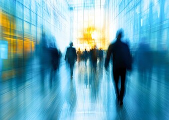 Blurry silhouettes of people walking through a modern, brightly lit corridor, creating a dynamic sense of motion and urgency, ideal for illustrating business rush, daily commute, or urban life themes