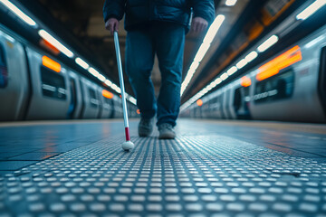 Fototapeta premium Blind person while walking on the subway on the road. Blindness concept. Disability concept.