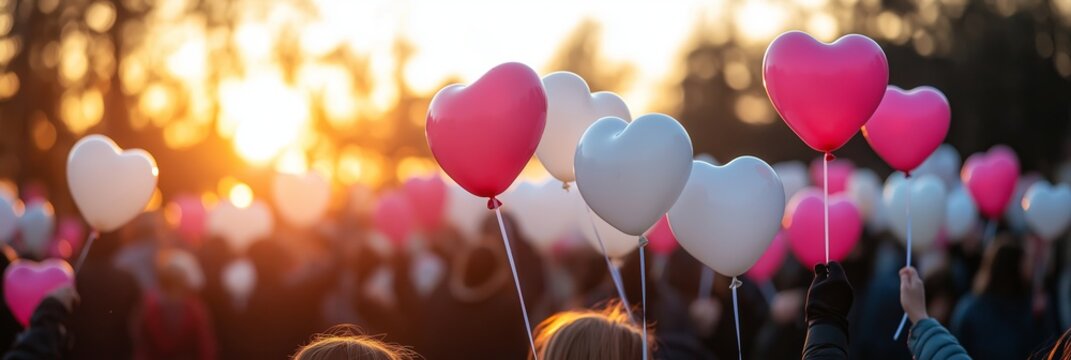 Volunteers hold heart-shaped balloons in white and fuchsia during a charity event at sunset