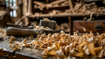 Close-up of a wood carving tools, shaping wooden shavings in a detailed woodworking process, showing the craftsmanship involved.