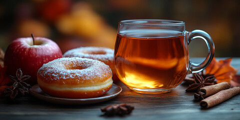 Cup of apple juice with donuts on wooden table, fall background.