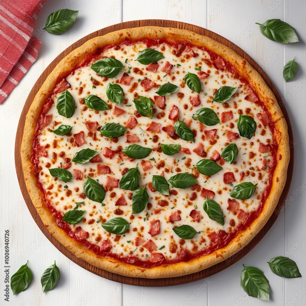 Wall mural Margarita pizza herbs, detailed basil, crispy crust, 3D illustration