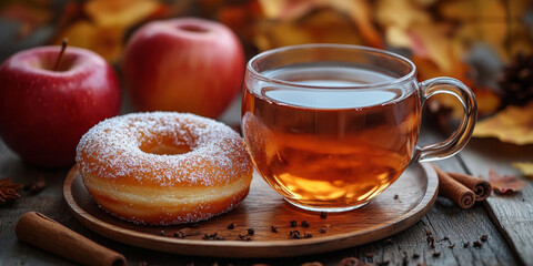 Cup of apple juice with donuts on wooden table, fall background. 
