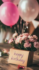 Obraz premium Birthday gift wrapped in colorful paper with balloons, flowers, bouquet. festive atmosphere party. text happy birthday