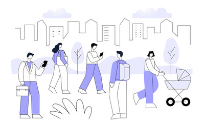 People in the park flat vector illustration. Landscape with man and woman walking