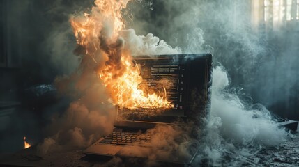 A laptop engulfed in flames, emitting thick smoke against a dark background. overheating, malfunction, and tech failure
