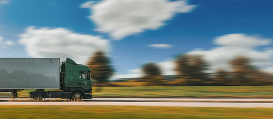 Truck driving on an asphalt road in a rural landscape. Green truck pulling a semi-trailer on a blurred background