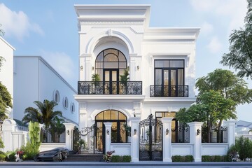 Front view for small two-storey house, white facade in Hanoi Vietnam