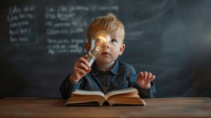 A young boy with a light bulb over his eye sits at a desk with an open book, looking up with a thoughtful expression, in front of a blackboard.