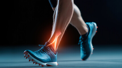 focused image of professional athletes leg in motion, showcasing athletic footwear and highlighting ankle area. dynamic pose conveys strength and agility