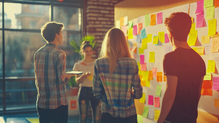 Startup business team brainstorming innovative ideas, colorful sticky notes on walls, collaborative and high-energy environment,