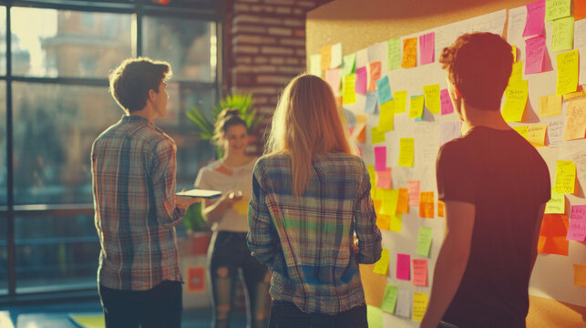 Startup business team brainstorming innovative ideas, colorful sticky notes on walls, collaborative and high-energy environment,