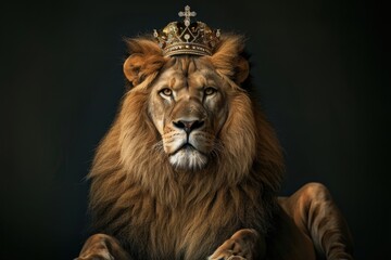 A lion is sitting on a black background with a crown on its head, generative ai image