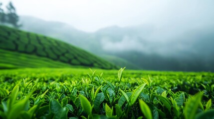 Rows of meticulously trimmed green tea bushes extend into the distance, accompanied by distant misty hills and a soft, cloudy sky that enhances the peaceful atmosphere
