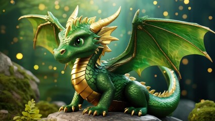Obraz premium A cute green dragon figurine with golden accents, posed on rocks in a mystical forest setting.