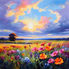 Fototapeta premium field of flowers and sunset