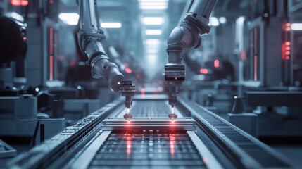 AI-controlled assembly line in a modern industrial facility, using machine vision and predictive maintenance for seamless production