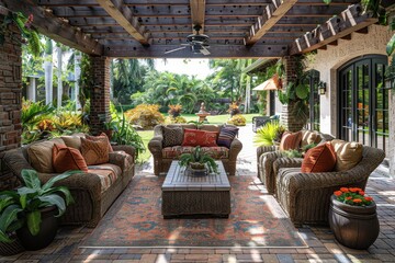 Fototapeta premium Tropical Outdoor Patio An inviting outdoor patio with wicker furniture, colorful cushions, and lots of tropical plants. Add a pergola with climbing vines and a view of the garden.