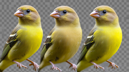 Fototapeta premium Three cheerful yellow birds perched side by side, showcasing vibrant plumage and curious expressions