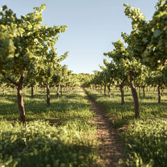Naklejka premium serene vineyard landscape featuring rows of lush grapevines stretching into distance, surrounded by vibrant green grass under clear blue sky. peaceful atmosphere invites sense of tranquility and