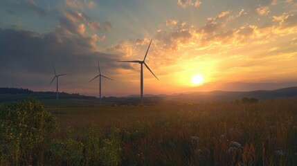 Fototapeta premium A wind farm with three wind turbines and a sun setting in the background