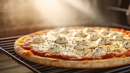 Margarita pizza in oven, cheese melting, herb sprinkles, 3D illustration