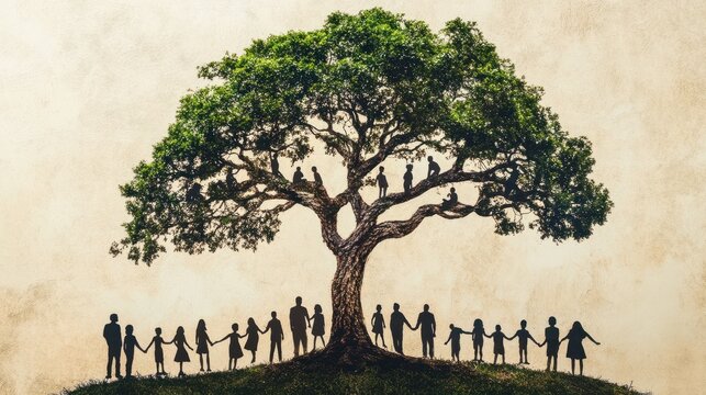 A tree with people shapes cut out of its trunk and branches, A family tree with branches bending and twisting to represent different generations and connections