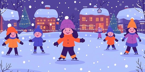 Naklejka premium A group of children ice skating on a festive outdoor rink during winter, wearing bright winter clothing in orange and purple