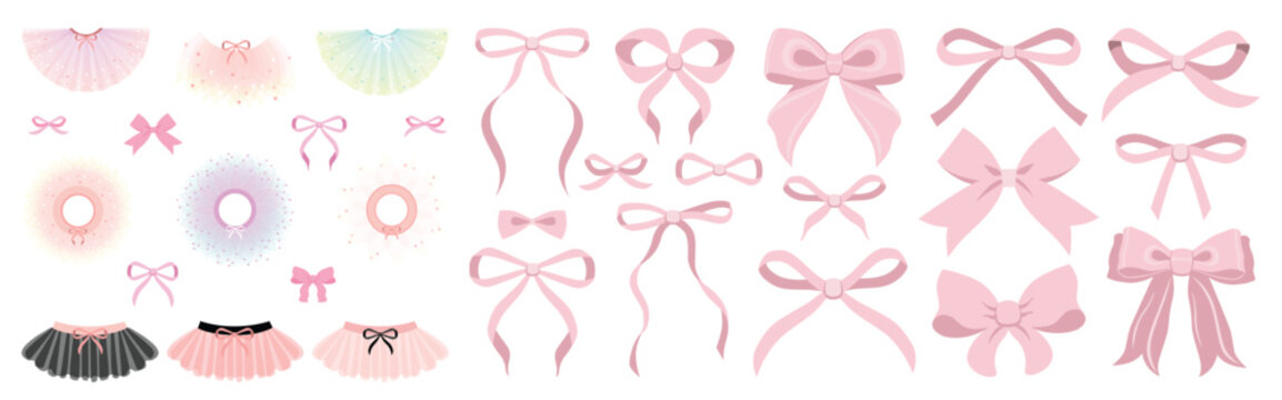 Vector Illustrations of pink vintage bow set. Bow for girly hair decor, flat icons. Pink, white, black tutu, flat illustrations. Little ballet dancer soft colors tutu with little bow,classical ballet 