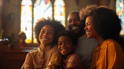African American family smiling and embracing faith and love as they sit together in a beautiful church, radiating joy on a sunny day.