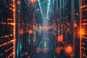 Obraz premium A computer server room with a bright orange light shining down on it, generative ai image
