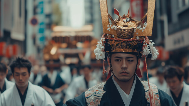 Kanda Matsuri Festival in Tokyo, a procession of people carrying decorated mikoshi (portable shrines) through the city streets, people wearing traditional clothes with headbands