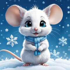 Obraz premium A cute white mouse with large ears and a blue scarf stands in the snow with snowflakes around.