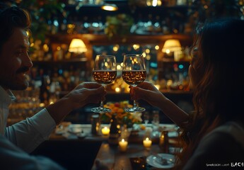 Couple in restaurant drinking white wine and toasting, blurred background