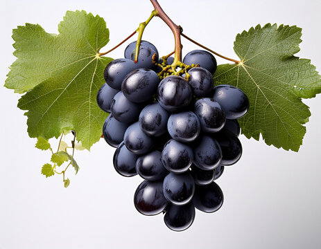 Racimo de uvas tintas maduras con hojas de vid sobre fondo blanco, concepto de vendimia, viticultura, vino artesanal, agricultura sostenible, enolog&iacute;a, bodega, cosecha de calidad y producto gourmet
