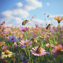 vibrant field of flowers is alive with honeybees busily collecting nectar, creating lively and harmonious scene. colorful blossoms and clear blue sky enhance beauty of nature