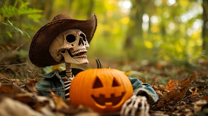Western-themed skeleton in a cowboy hat and denim holding a pumpkin, humorous and spooky Halloween scene