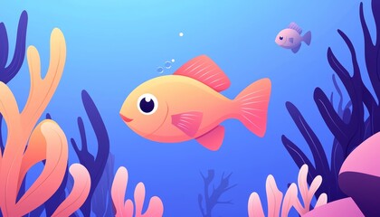 Fototapeta premium A cartoon fish swimming in a flat design coral reef, with simple, bright seaweed and other fish