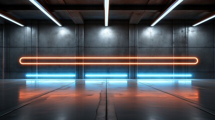 Fototapeta premium 3D rendering of an empty room with neon lights on a wall
