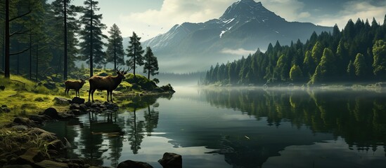 Mountain lake with moose in the morning. 3d render