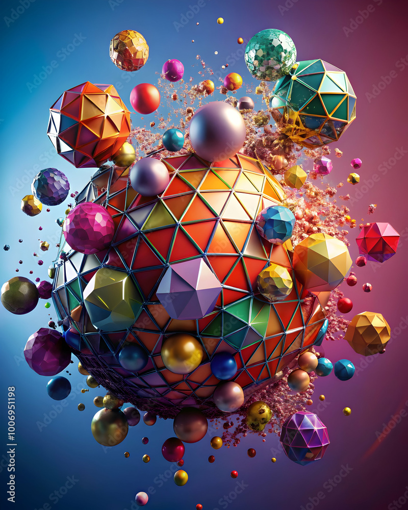 Poster geometric explosion: a vibrant and dynamic abstract composition of geometric spheres exploding in a 