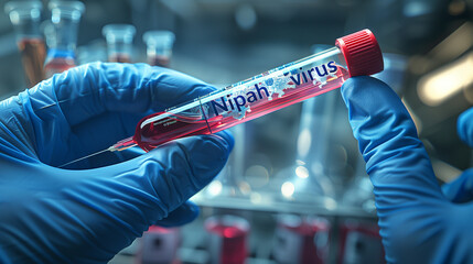 A hand in blue gloves holding a test tube with "Nipah virus" written on it, in a close-up shot of the hand and test tube against a gray background. A realistic photo.